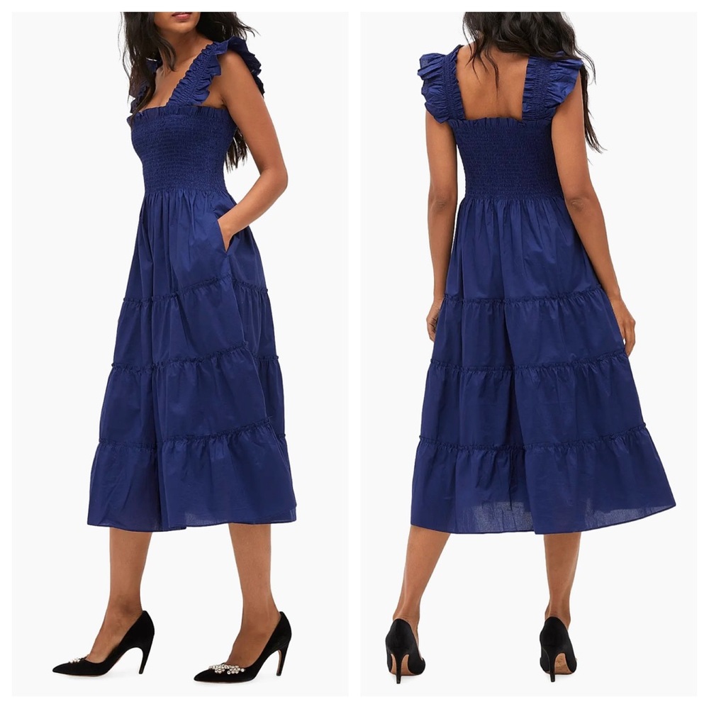 Hill House Navy Blue Smocked Ruffle Strap Midi Dress